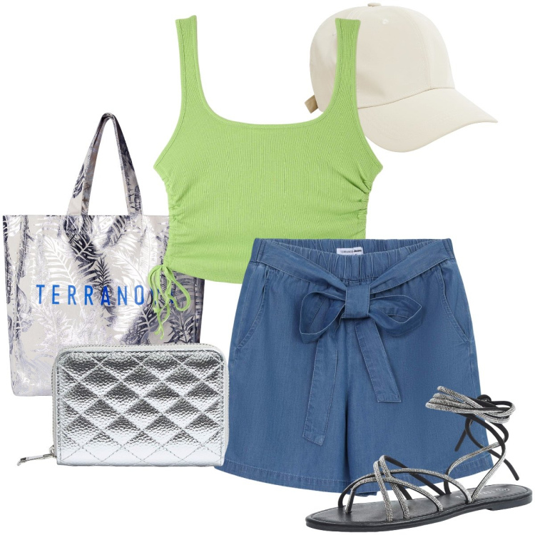 Outfit donna - Accessori argentati. Stile Basic per Mare. Abbinamento con shorts, sandali alla schiava, top, borse tote, portafogli, cappelli.