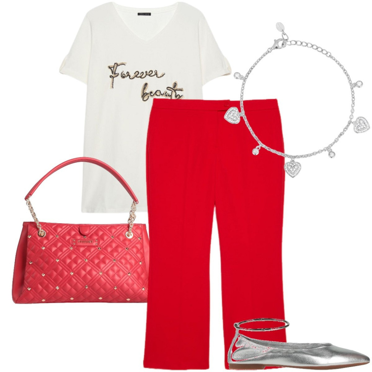 Outfit donna - In ufficio. Stile Bon Ton per Ufficio. Abbinamento con ballerine, borse a mano, braccialetti, pantaloni, t-shirt.