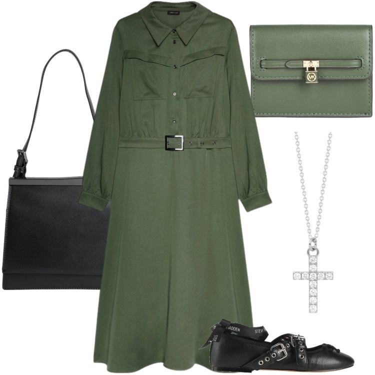 Outfit donna - Verde militare. Stile Military per Ufficio. Abbinamento con ballerine, borse a mano, portamonete, collane, vestiti lunghi.