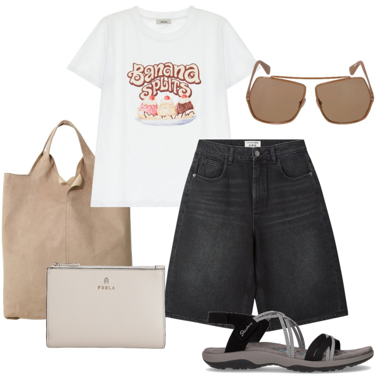 Outfit donna - Tutti i giorni. Stile Urban per Tutti i giorni. Abbinamento con portafogli, bermuda, shopping bag, t-shirt, sandali, occhiali da sole.