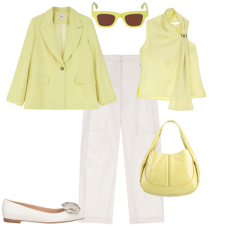Outfit donna - Chic in ufficio. Stile Chic per Ufficio. Abbinamento con borse a mano, ballerine, top, pantaloni, blazer, occhiali da sole.