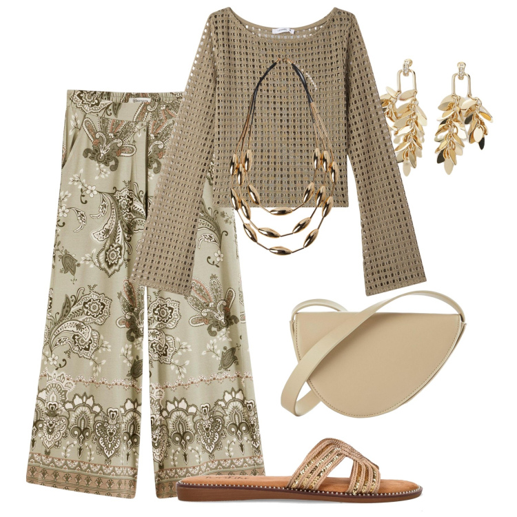 Outfit donna - Gusto etnico in città. Stile Urban per Tutti i giorni. Abbinamento con pantaloni, borse a tracolla, maglieria, orecchini, collane, ciabatte.