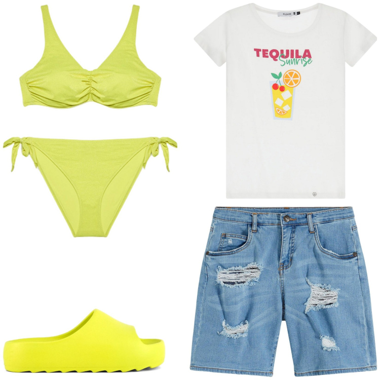 Outfit donna - Summer outfit. Stile Basic per Mare. Abbinamento con shorts, t-shirt, bikini, ciabatte.