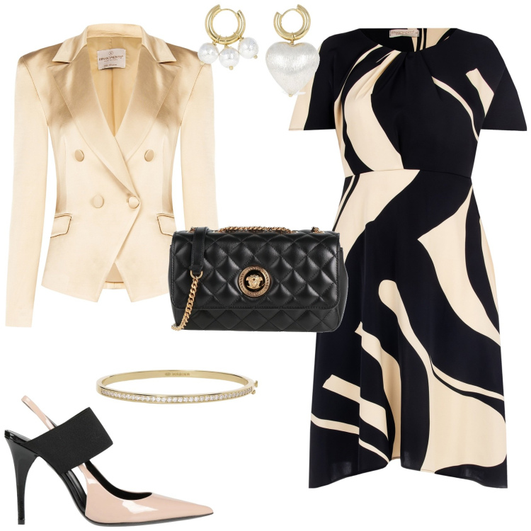 Outfit donna - Cerimonia evento serata. Stile Bon Ton per Cerimonia. Abbinamento con décolleté, borse a tracolla, braccialetti, vestiti corti, blazer, orecchini.