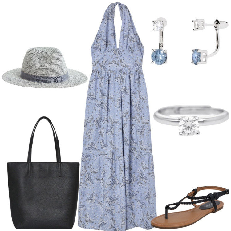 Outfit donna - Total look #2172965. Stile Boho per Tutti i giorni. Abbinamento con cappelli, ciabatte, borse tote, vestiti, orecchini, anelli.