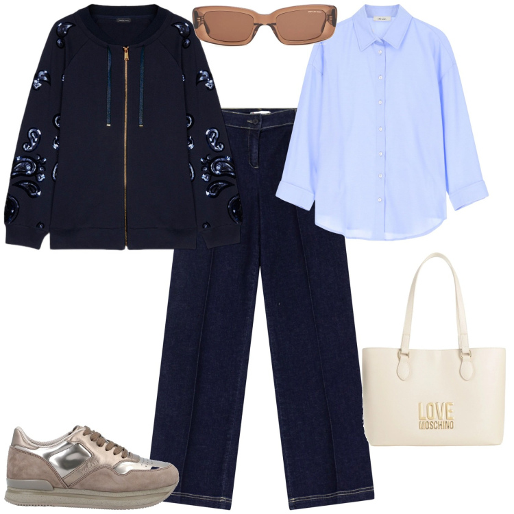 Outfit donna - Trendy per tutti I giorni. Stile Trendy per Tutti i giorni. Abbinamento con sneakers, borse a mano, jeans dritti, camicie, felpe, occhiali da sole.