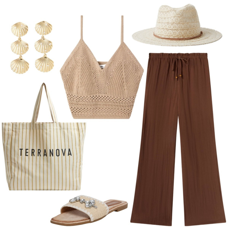 Outfit donna - Total look #2172978. Stile Casual per Tutti i giorni. Abbinamento con pantaloni, top, ciabatte, cappelli, orecchini, borse tote.