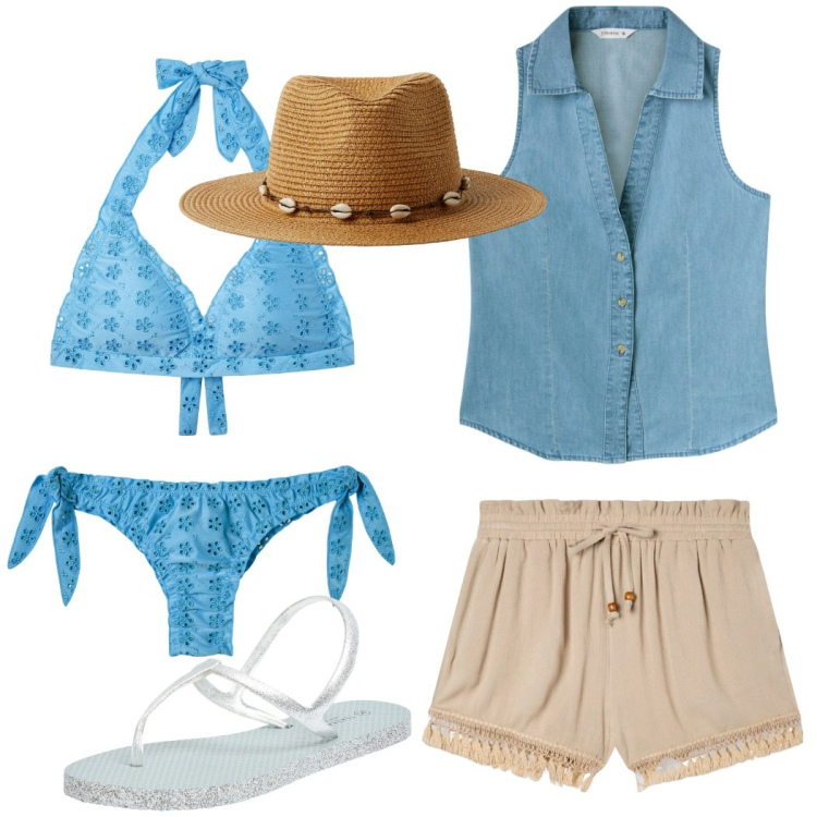 Outfit donna - Azzurro come il mare. Stile Casual per Mare. Abbinamento con shorts, bikini, sandali, camicie, bikini, cappelli.