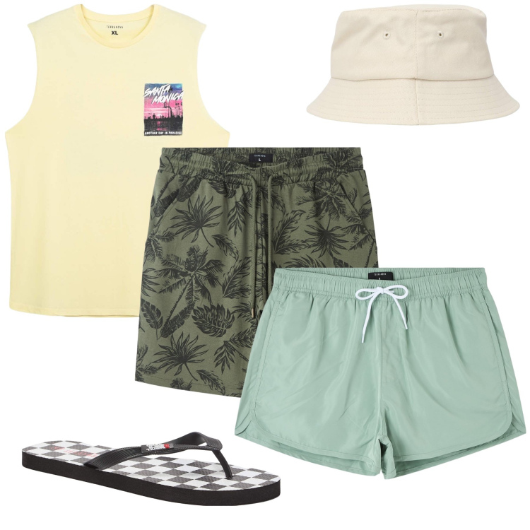 Outfit uomo - Al mare. Stile Casual per Mare. Abbinamento con sandali, bermuda, costumi, cappelli, canottiere.