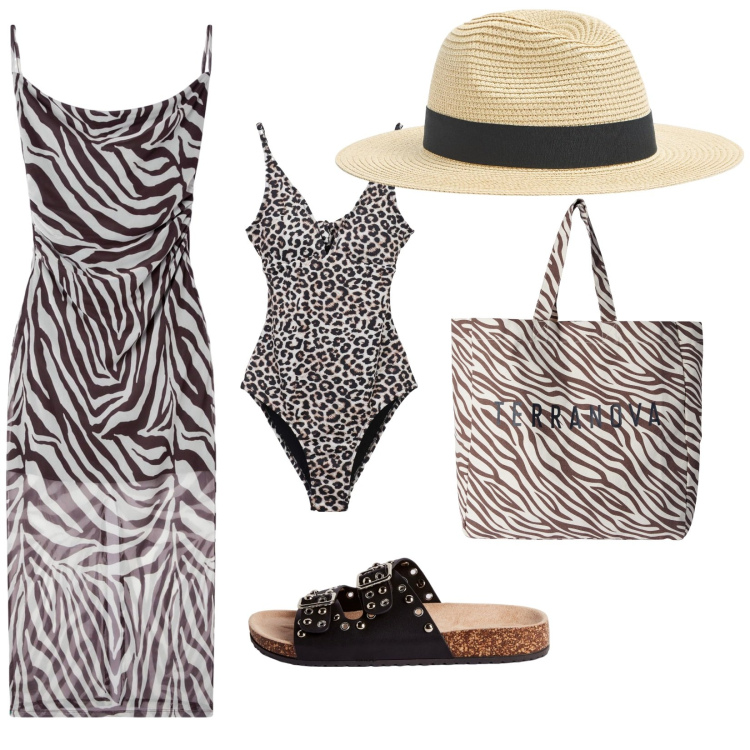 Outfit donna - Summer vibes. per Mare. Abbinamento con vestiti lunghi, cappelli, borse tote, costumi interi, ciabatte.