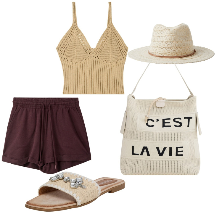 Outfit donna - Summer vibes. per Tutti i giorni. Abbinamento con ciabatte, cappelli, shorts, borse a mano, top.