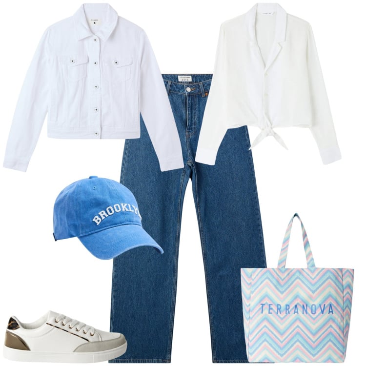Outfit donna - Sporty chic per tutti I giorni. Stile Sporty chic per Tutti i giorni. Abbinamento con camicie, cappelli, sneakers, jeans, blazer, borse tote.