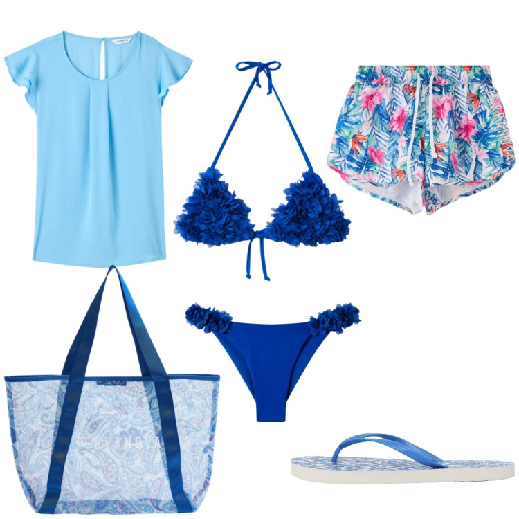 Outfit donna - Total look #2172998. Stile Romantica per Mare. Abbinamento con bluse, infradito, bikini, shorts, shopping bag, bikini.