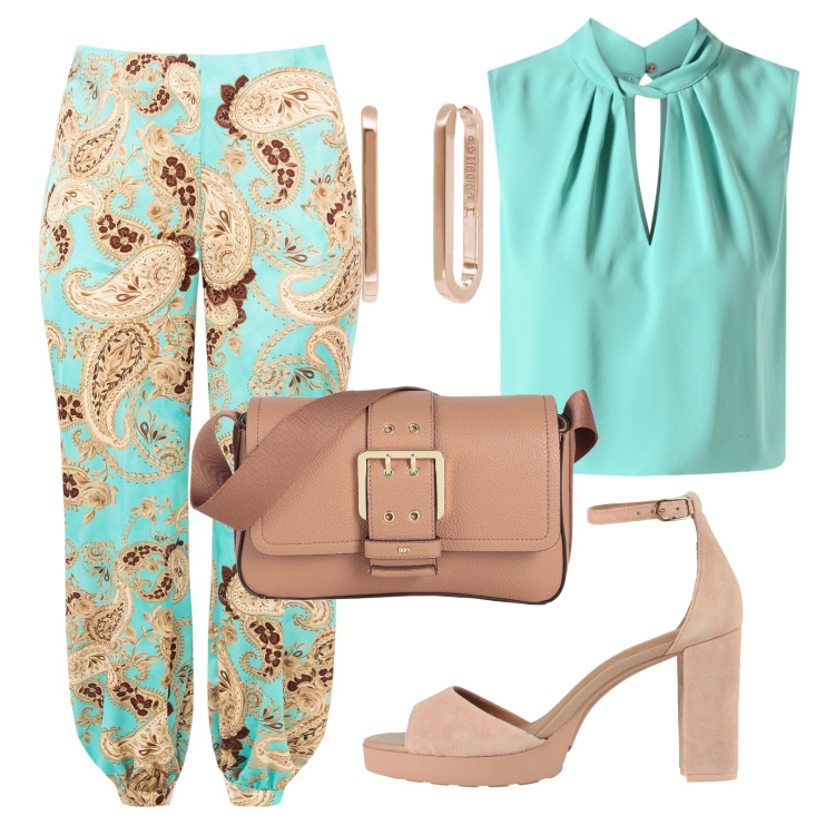 Outfit donna - Rinascimento fantasia. Stile Casual chic per Ufficio. Abbinamento con sandali in pelle, borse a mano, pantaloni, top, orecchini.