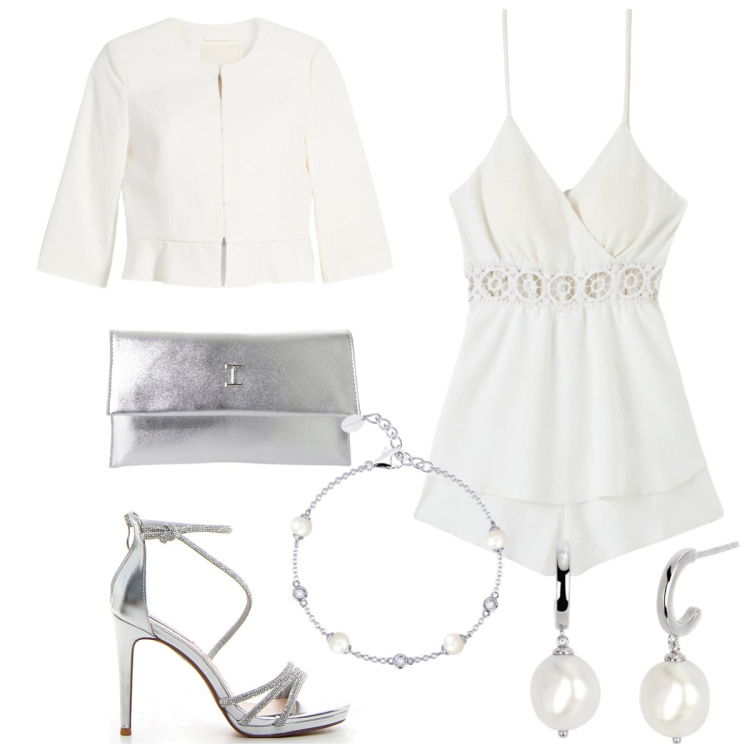 Outfit donna - Cerimonia. Stile Chic per Cerimonia. Abbinamento con blazer, tuta corta, orecchini, braccialetti, pochette, sandali col tacco.