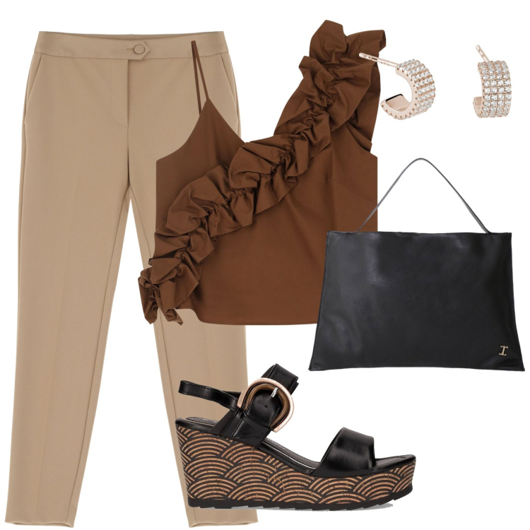Outfit donna - Imperial con stile. Stile Casual chic per Serata fuori. Abbinamento con orecchini, pantaloni, top, borse a spalla, sandali col tacco.