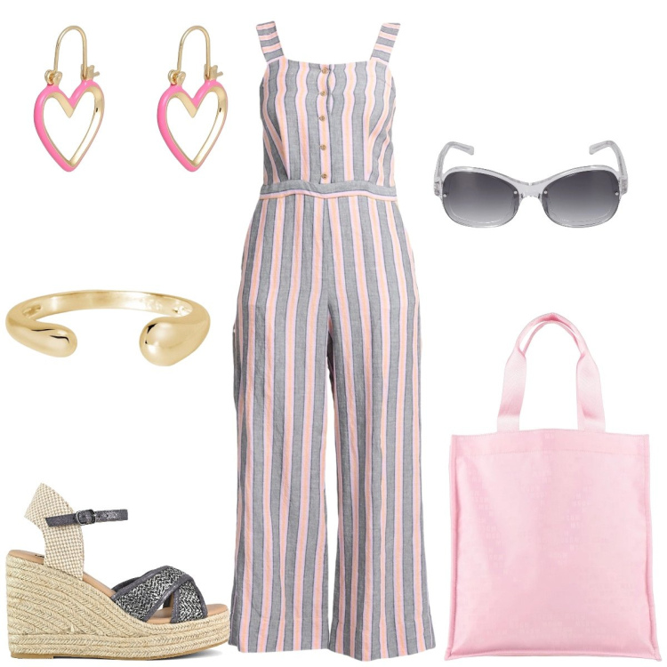 Outfit donna - Righe. Stile Casual per Tutti i giorni. Abbinamento con tute, orecchini, borse a mano, anelli, zeppe, occhiali da sole.