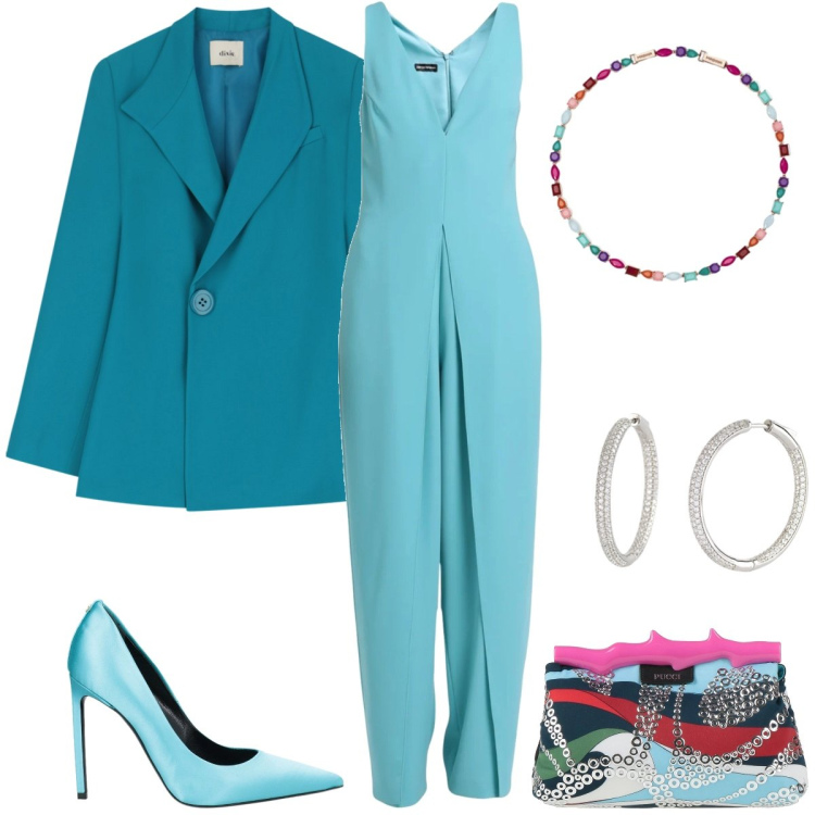 Outfit donna - Aperitivo. Stile Chic per Serata fuori. Abbinamento con tute, décolleté, borse a mano, orecchini, collane, blazer.