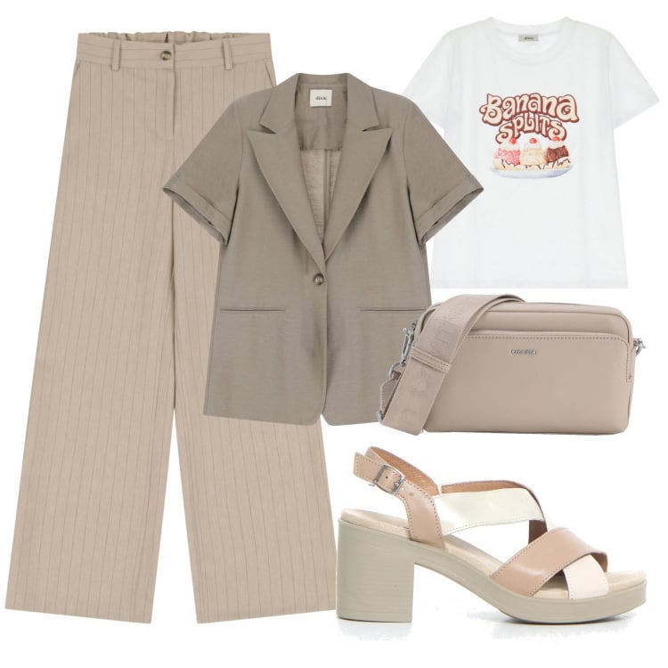 Outfit donna - Look ufficio. Stile Minimal per Ufficio. Abbinamento con borse a tracolla, pantaloni a palazzo, blazer, t-shirt, sandali col tacco.