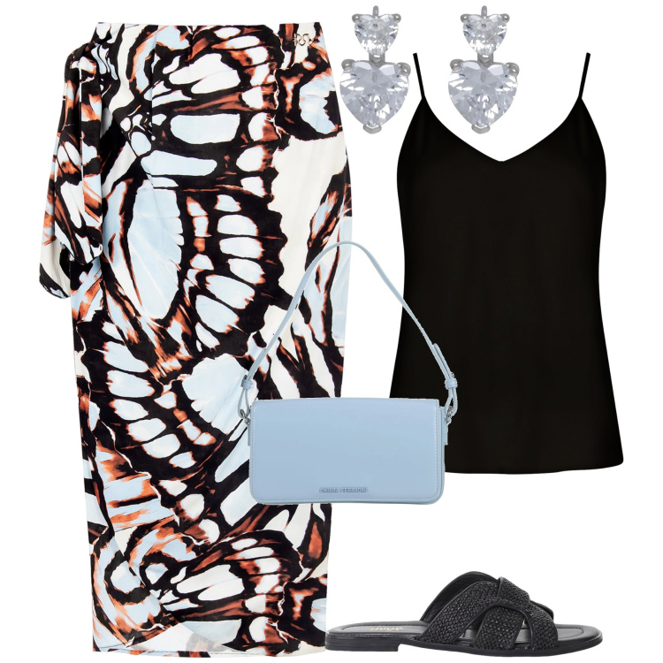 Outfit donna - Al mare. Stile Trendy per Mare. Abbinamento con borse a mano, orecchini, sandali, gonne longuette, top.