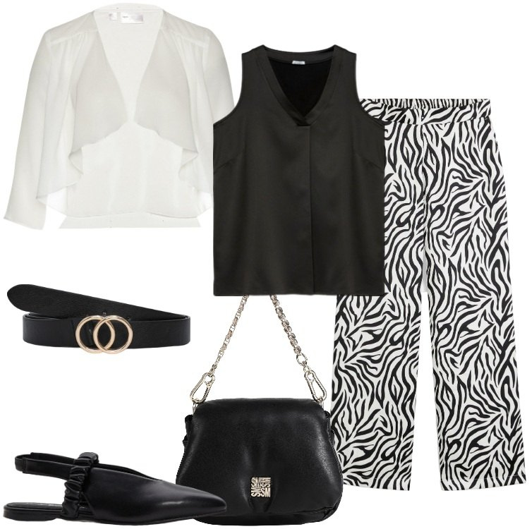 Outfit donna - Serata in bianco e nero. Stile Chic per Serata fuori. Abbinamento con blazer, ballerine, pantaloni a palazzo, borse a mano, cinture, top.
