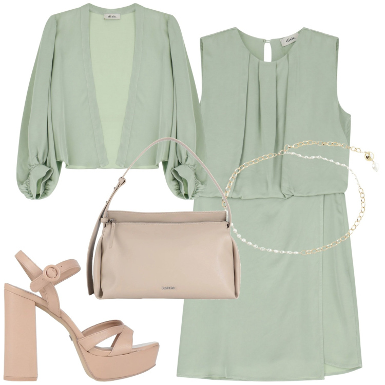 Outfit donna - Verde chiaro. Stile Chic per Cerimonia. Abbinamento con borse a mano, sandali in pelle, vestiti corti, cinture, gilet.