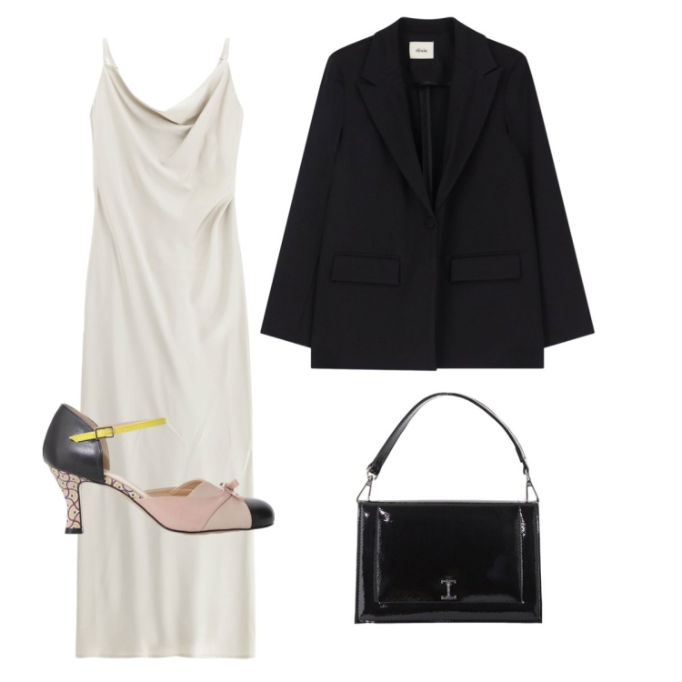 Outfit donna - outfit serata classico. Stile Glamour per Cerimonia. Abbinamento con borse a tracolla, vestiti lunghi, décolleté, blazer.