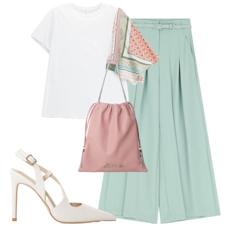 Outfit donna - City. Stile Urban per Tutti i giorni. Abbinamento con pantaloni, borse a secchiello, décolleté, t-shirt.