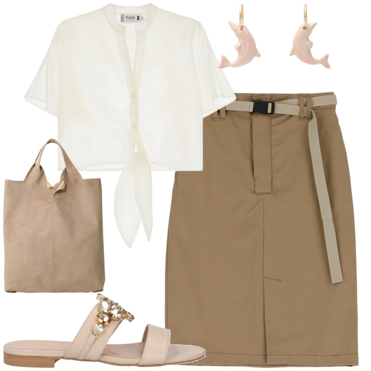 Outfit donna - City. Stile Casual chic per Tutti i giorni. Abbinamento con sandali in pelle, orecchini, gonne, camicie a manica corta, shopping bag.