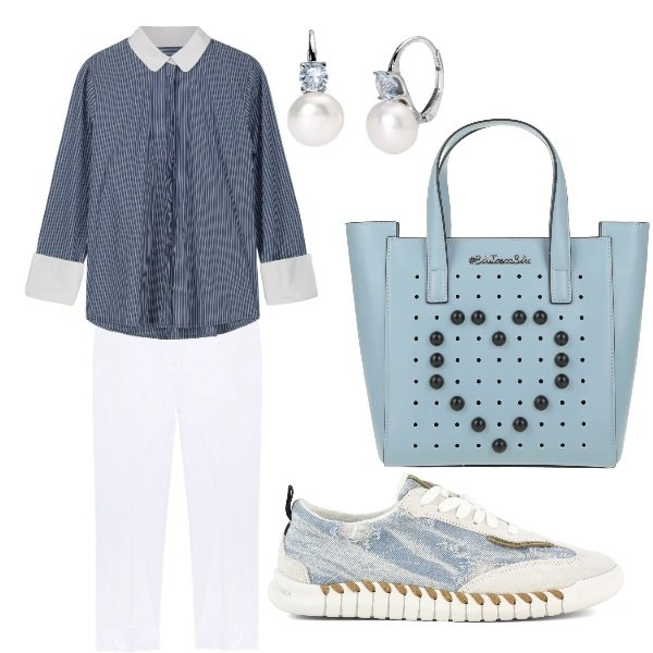 Outfit donna - in piazza Mazzini. Stile Basic per Tutti i giorni. Abbinamento con borse a mano, orecchini, camicie, sneakers, pantaloni chino.