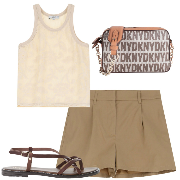 Outfit donna - City. Stile Urban per Tutti i giorni. Abbinamento con borse a tracolla, top, shorts, sandali.