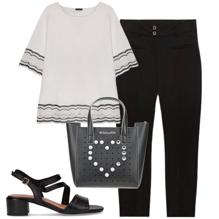 Outfit donna - City. Stile Urban per Tutti i giorni. Abbinamento con borse a mano, bluse, pantaloni, sandali col tacco.