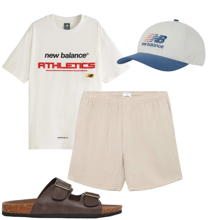 Outfit uomo - Versione estiva. Stile Casual per Mare. Abbinamento con pantaloni corti, sandali, t-shirt, cappelli.