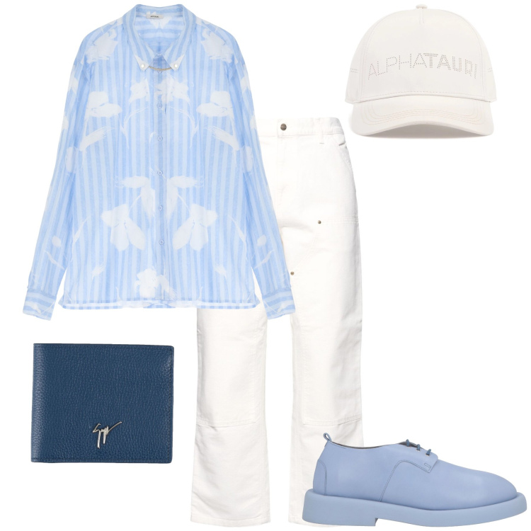 Outfit uomo - Azzurro e bianco. Stile Trendy per Tutti i giorni. Abbinamento con scarpe stringate, portafogli, camicie, cappelli, jeans.