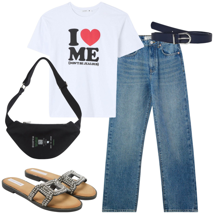 Outfit donna - City. Stile Casual per Tutti i giorni. Abbinamento con t-shirt, marsupi, ciabatte, jeans dritti, cinture.