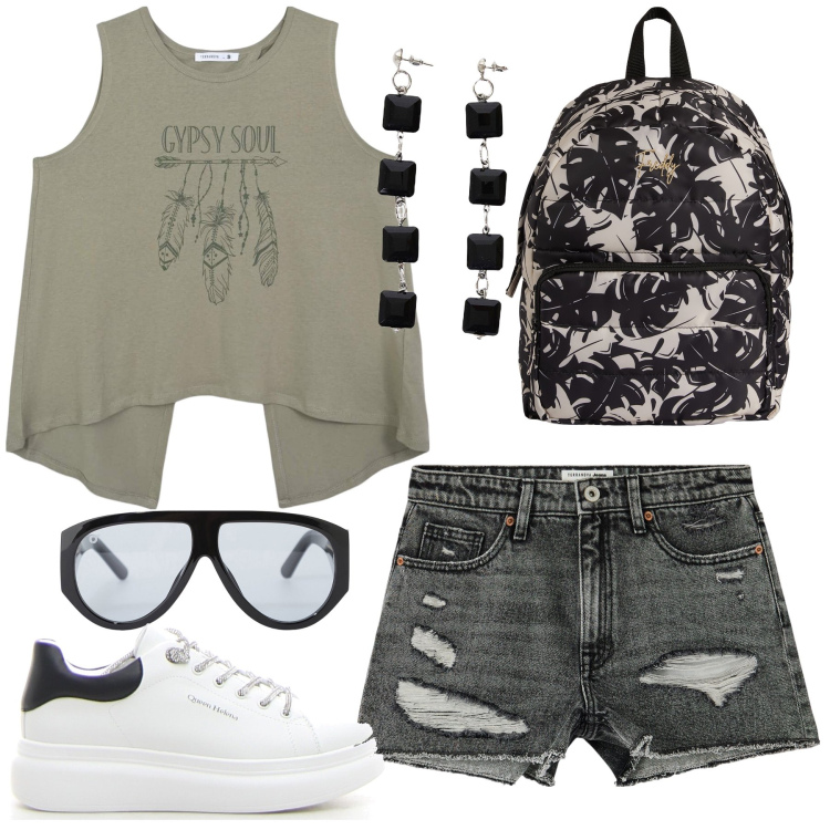 Outfit donna - Top e shorts. Stile Rock per Serata fuori. Abbinamento con shorts, canottiere, occhiali da sole, zaini, orecchini, sneakers.