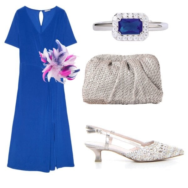 Outfit donna - blue. Stile Glamour per Cerimonia. Abbinamento con anelli, clutch, vestiti midi/longuette, sandali col tacco, accessori per capelli.