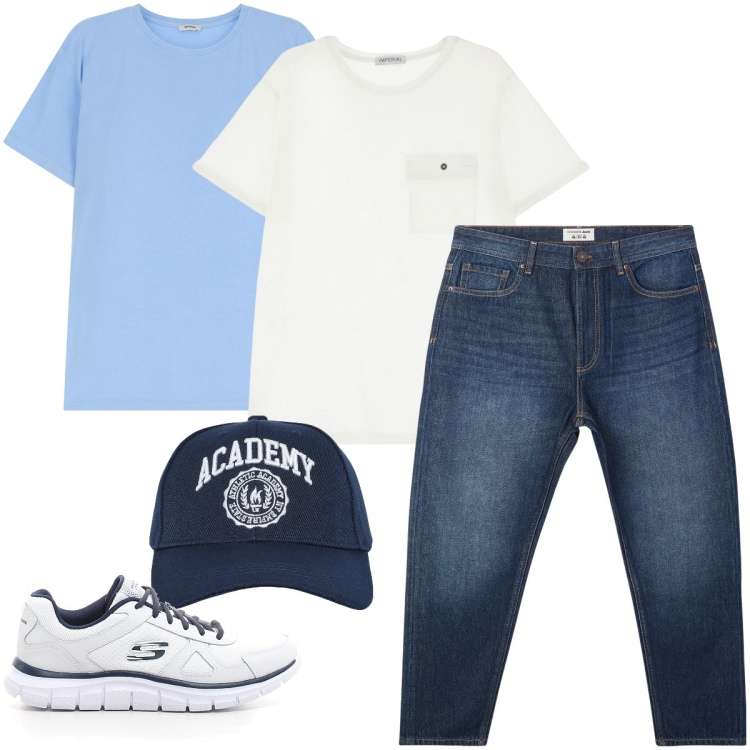 Outfit uomo - T-shirt bianca o azzurra?. Stile Urban per Tutti i giorni. Abbinamento con jeans, cappelli con visiera, t-shirt, t-shirt, sneakers.