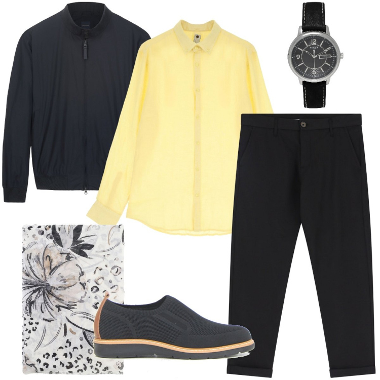 Outfit uomo - La camicia gialla. Stile Business/Elegante per Serata speciale. Abbinamento con orologi, pantaloni chino, camicie, sciarpe e foulard, bomber, scarpe stringate.