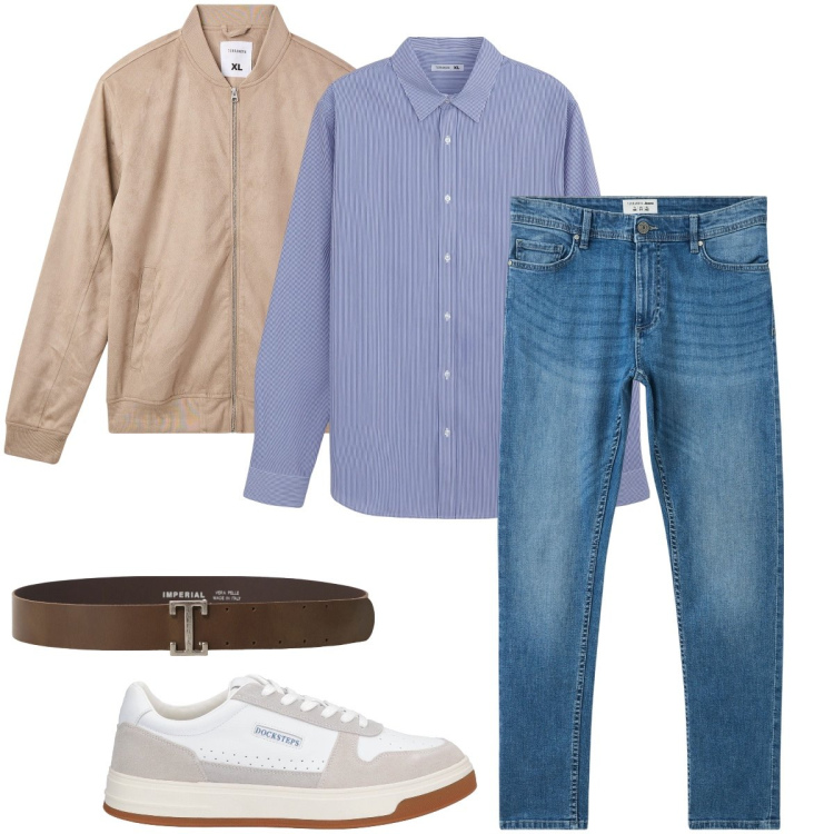 Outfit uomo - La camicia a righe. Stile Urban per Ufficio. Abbinamento con sneakers, jeans skinny, camicie, bomber, cinture.