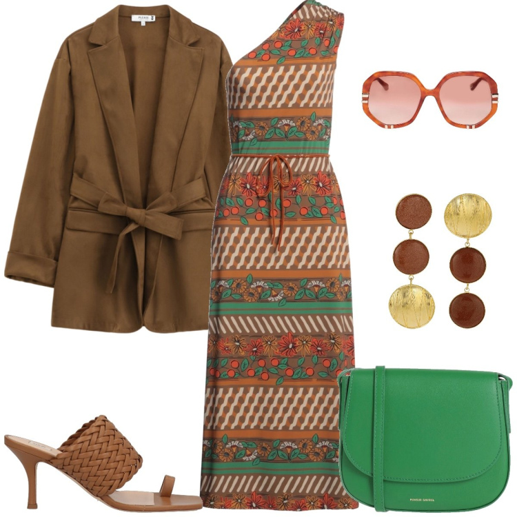 Outfit donna - In città. Stile Casual chic per Tutti i giorni. Abbinamento con ciabatte, occhiali da sole, vestiti lunghi, borse a tracolla, blazer, orecchini.