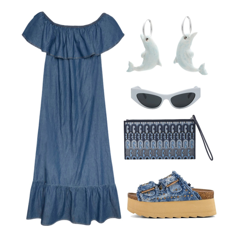 Outfit donna - Soft Denim!. Stile Casual per Mare. Abbinamento con borse a mano, orecchini, occhiali da sole, zeppe, vestiti lunghi.
