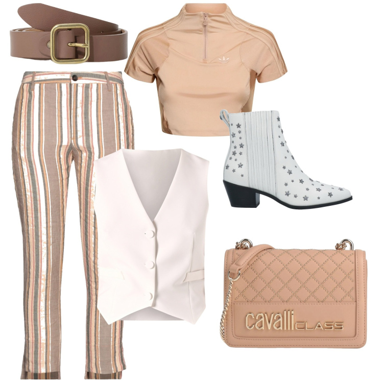 Outfit donna - Outfit pesca. Stile Rock per Tutti i giorni. Abbinamento con stivaletti chelsea, borse a tracolla, pantaloni, gilet, cinture, top.