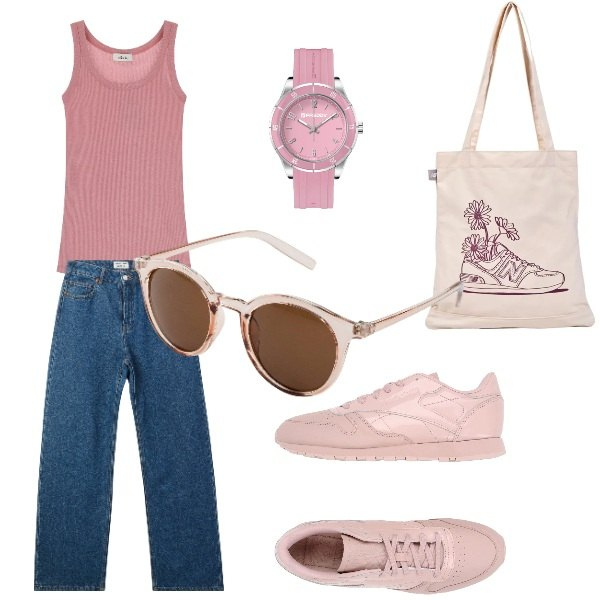 Outfit donna - aspettando l\'autobus. Stile Urban per Tutti i giorni. Abbinamento con occhiali da sole, sneakers, jeans, shopping bag, orologi, canottiere.