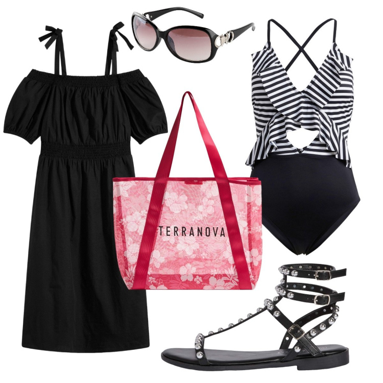 Outfit donna - Il costume intero sfizioso. Stile Casual chic per Mare. Abbinamento con vestiti, costumi interi, occhiali da sole, shopping bag, sandali.