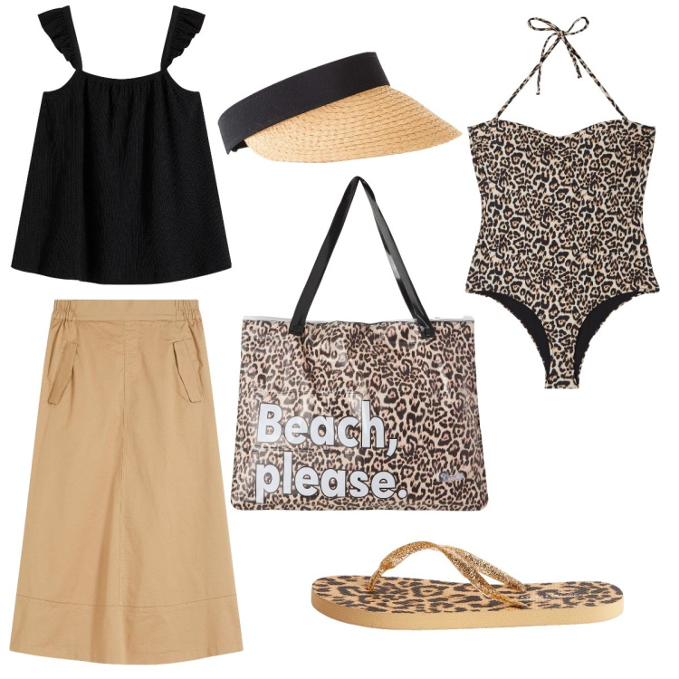 Outfit donna - Un po’ animalier. Stile Bon Ton per Mare. Abbinamento con gonne longuette, top, cappelli con visiera, costumi interi, borse tote, infradito.