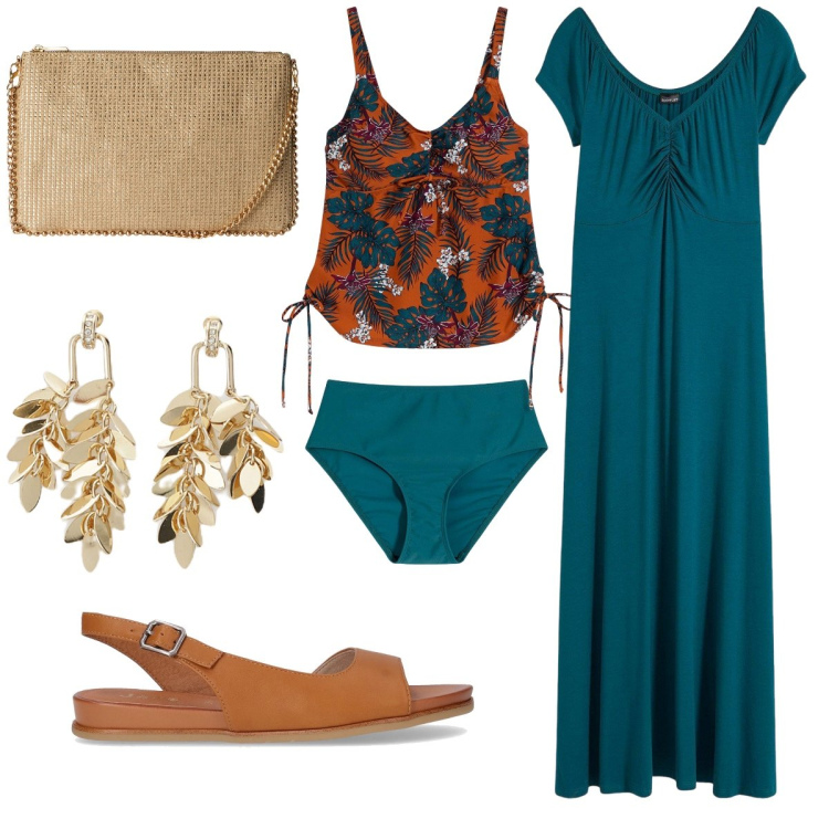 Outfit donna - Aperitivo in riva al mare. Stile Boho per Serata fuori. Abbinamento con costumi interi, vestiti lunghi, borse a tracolla, orecchini, sandali.