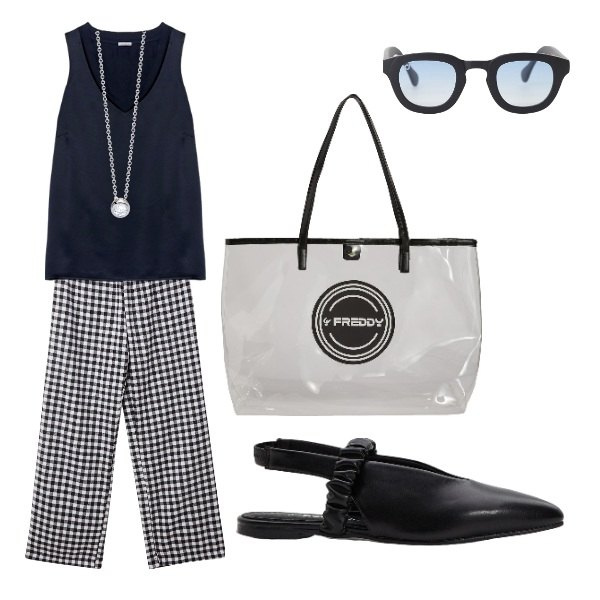 Outfit donna - i quadrati. Stile Urban per Tutti i giorni. Abbinamento con ballerine, pantaloni, collane, occhiali da sole, shopping bag, top.