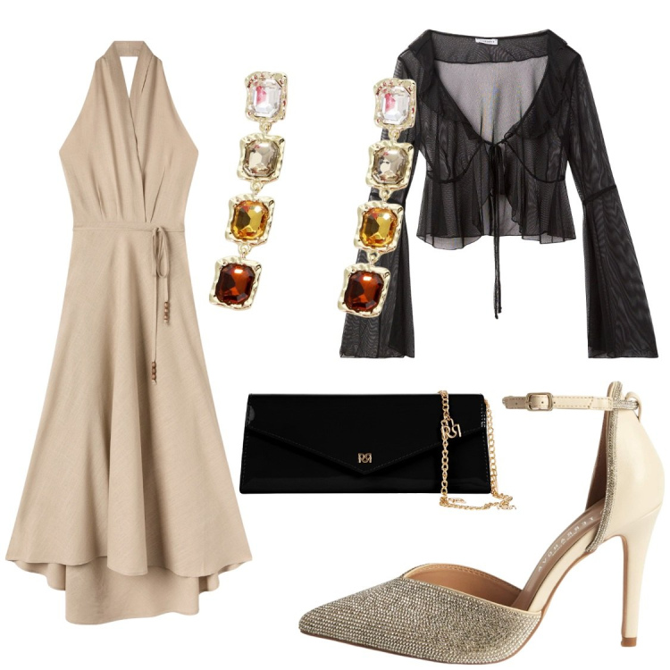 Outfit donna - Seta al tramonto. Stile Casual chic per Serata fuori. Abbinamento con bolero, décolleté, vestiti lunghi, pochette, orecchini.