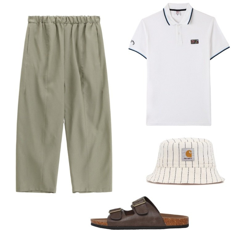 Outfit uomo - Stile coast contaminato. Stile Urban per Tutti i giorni. Abbinamento con polo, sandali, pantaloni, cappelli.